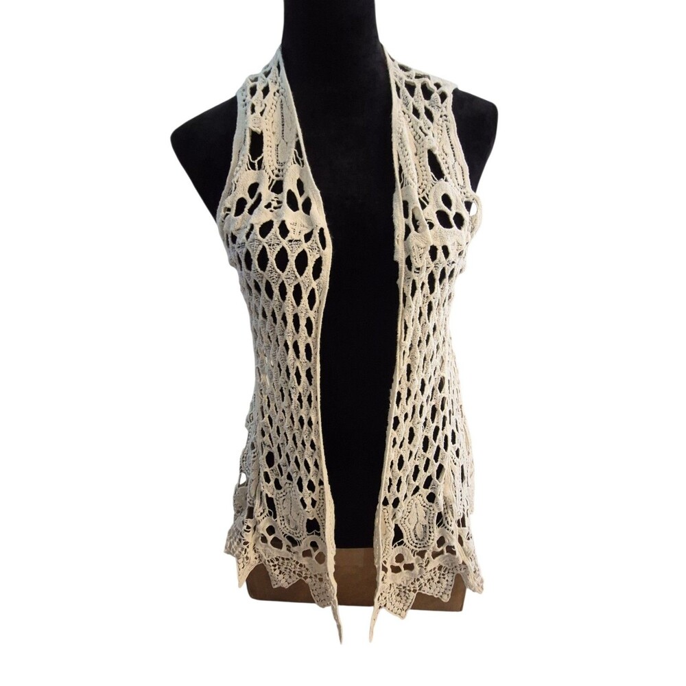 Say What? S 100% Cotton Open Front White Crochet Vest Cardigan Boho Festival Y2K